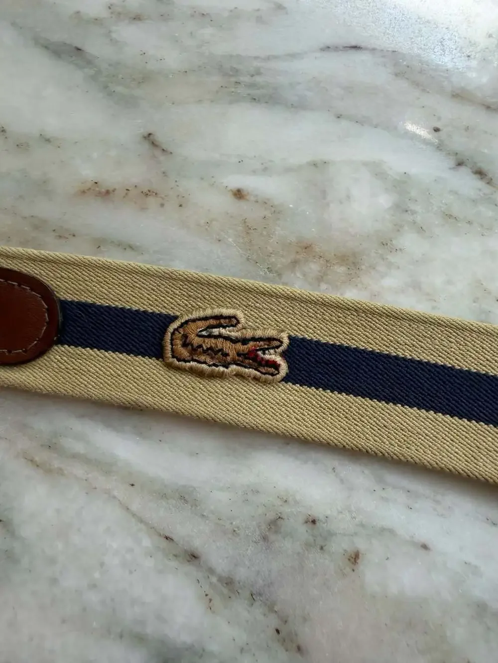 Vintage Lacoste Khaki and Navy Striped Canvas Belt with Leather Trim and Solid B